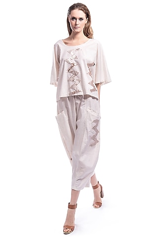 Cream Sequin Top With Cropped Pants by Curador
