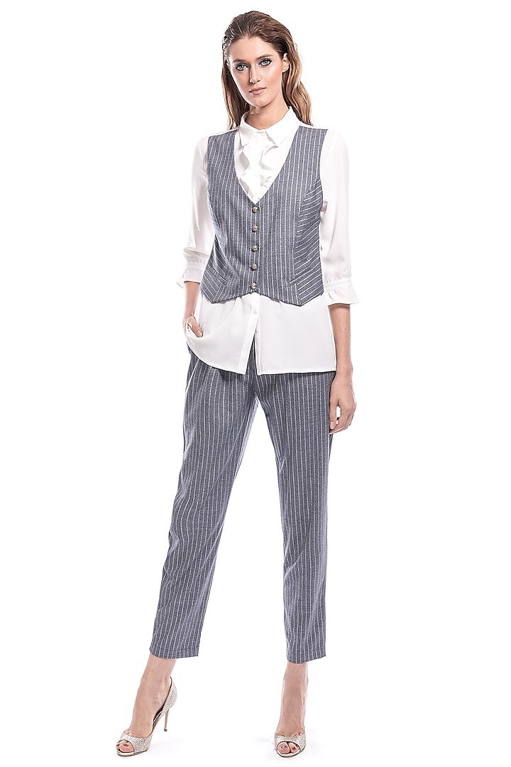 Blue Ruffled Waistcoat With Striped Pants by Curador