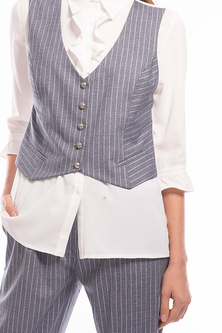 Blue Ruffled Waistcoat With Striped Pants by Curador at Pernia's Pop Up Shop