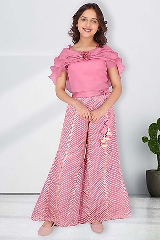 Pink Chinnon Pant Set For Girls by CUTECUMBER