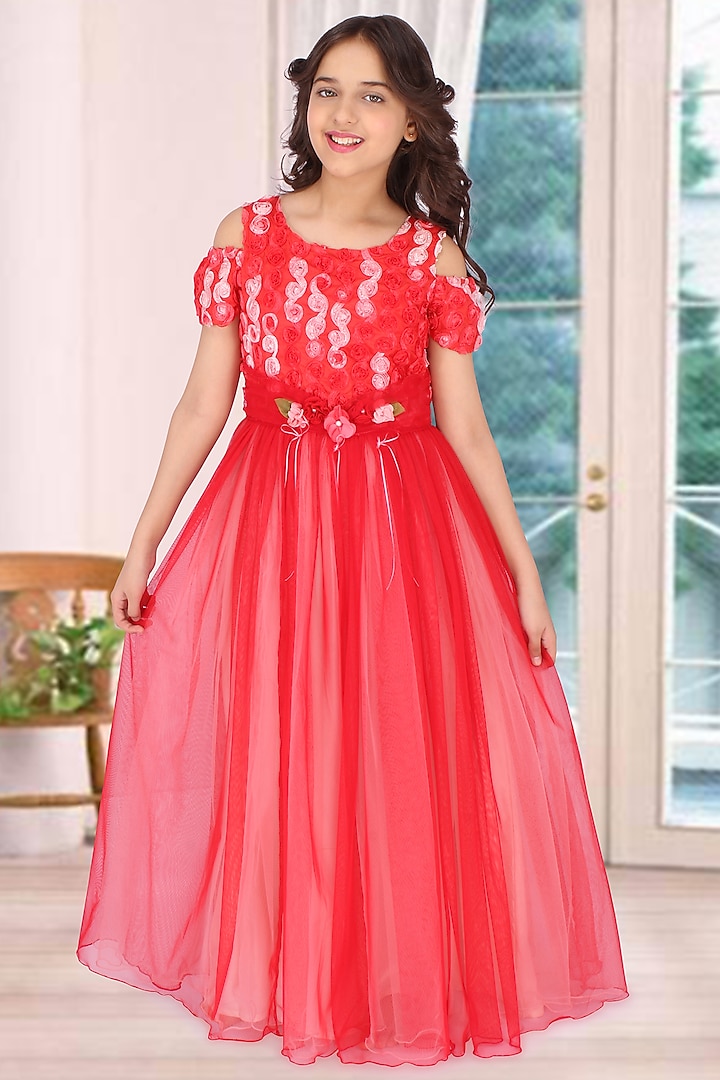 Red Embellished Ball Gown For Girls by CUTECUMBER