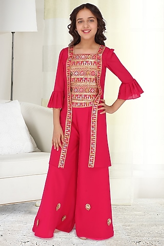 Fuchsia Embellished Palazzo Pant Set For Girls by CUTECUMBER