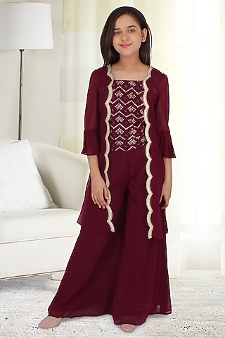 Plum Embellished Palazzo Pant Set For Girls by CUTECUMBER