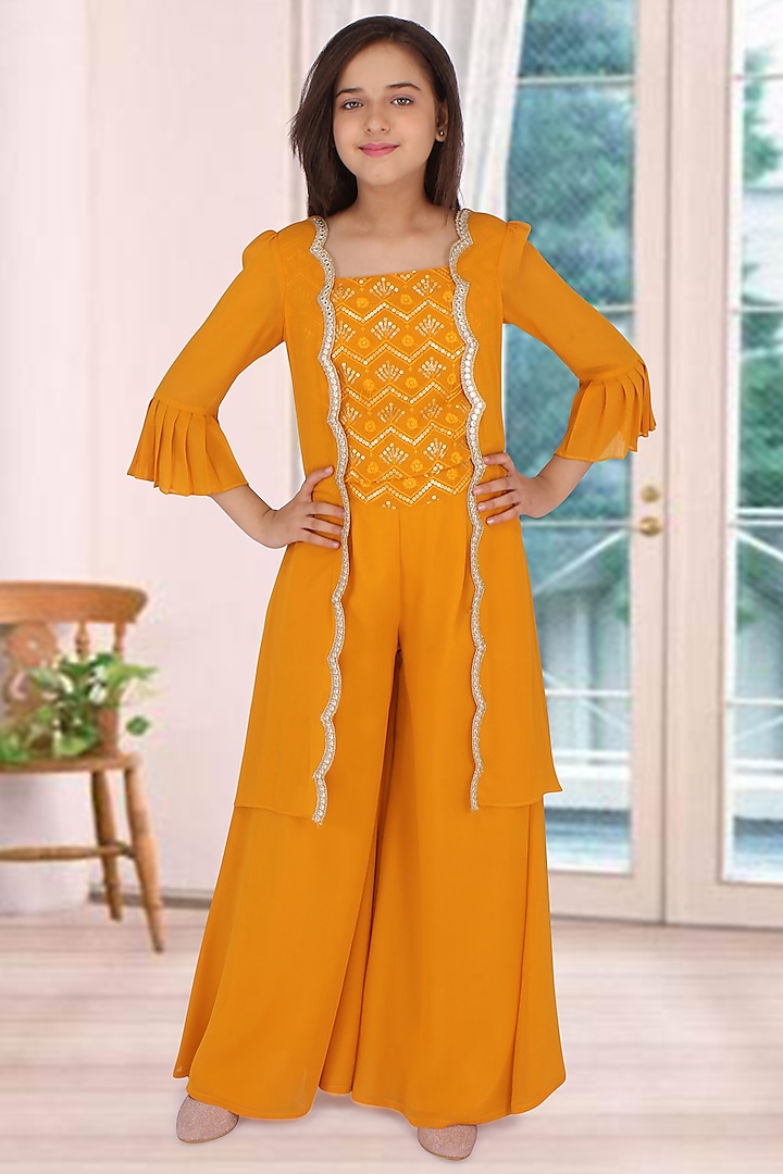 Yellow Embellished Palazzo Pant Set For Girls by CUTECUMBER