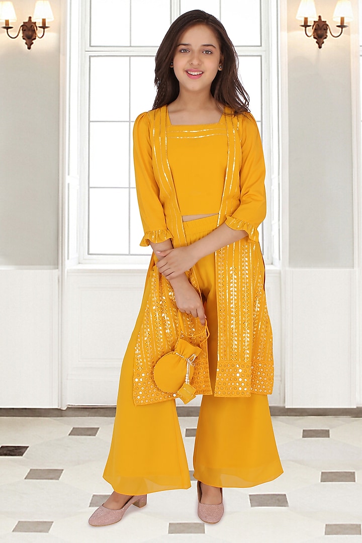 Yellow Georgette Palazzo Pant Set For Girls by CUTECUMBER