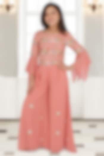 Peach Georgette Palazzo Pant Set For Girls by CUTECUMBER at Pernia's Pop Up Shop