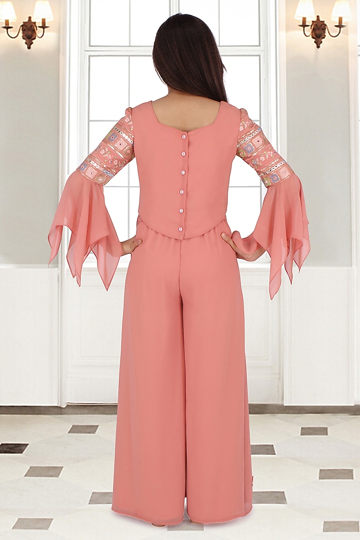Peach Georgette Palazzo Pant Set For Girls by CUTECUMBER at Pernia's Pop Up Shop