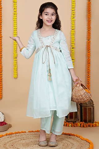 Aqua Cotton Kurta Set For Girls by Cutiediva