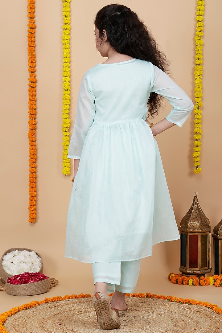 Aqua Cotton Kurta Set For Girls by Cutiediva at Pernia's Pop Up Shop