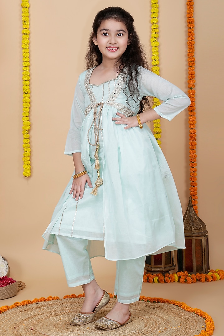 Aqua Cotton Kurta Set For Girls by Cutiediva at Pernia's Pop Up Shop