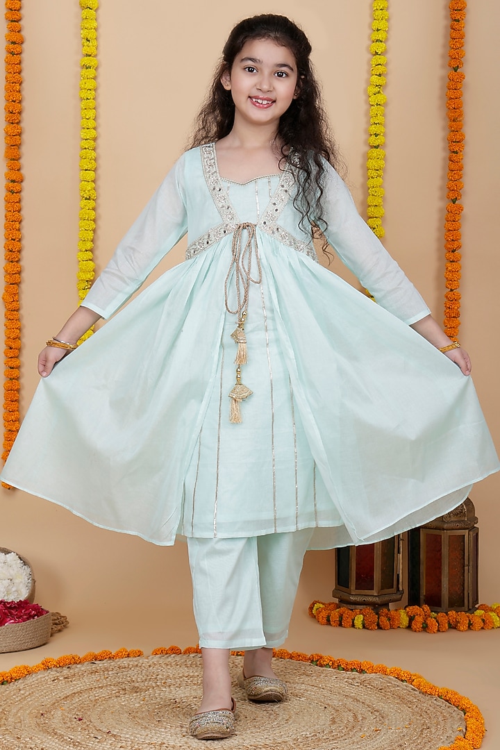 Aqua Cotton Kurta Set For Girls by Cutiediva at Pernia's Pop Up Shop