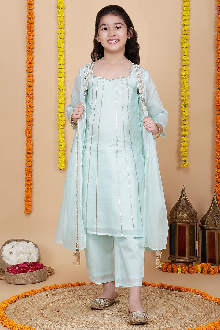 Aqua Cotton Kurta Set For Girls by Cutiediva at Pernia's Pop Up Shop