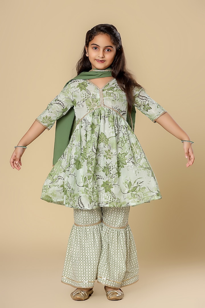 Light Green Pure Cotton Printed Sharara Set For Girls by Cutiediva at Pernia's Pop Up Shop