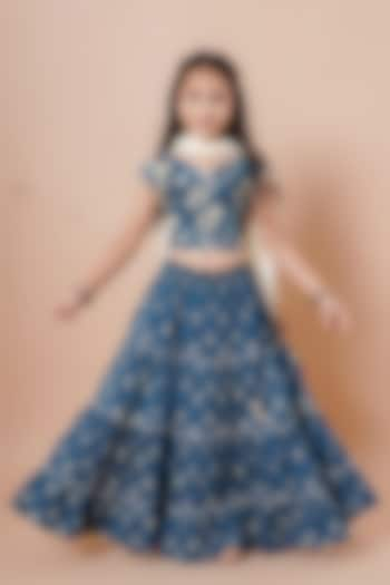 Indigo Cotton Floral Printed Lehenga Set For Girls by Cutiediva at Pernia's Pop Up Shop