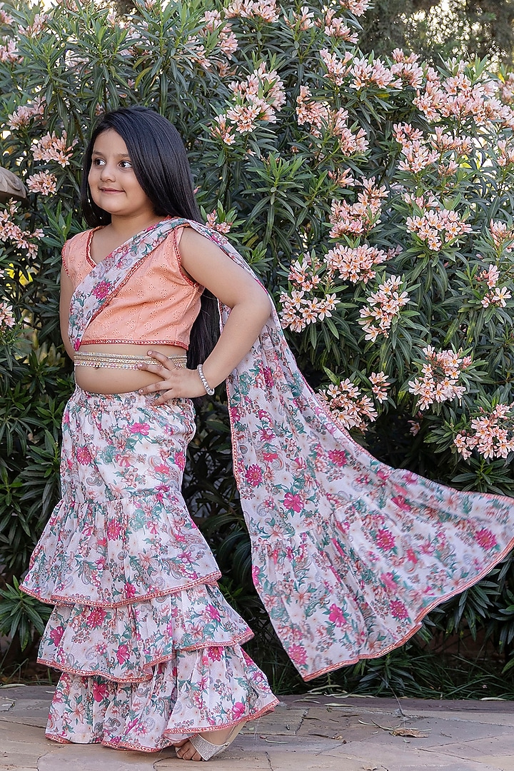 Multi-Colored Georgette Floral Printed Ready To Wear Saree Set For Girls by Cutiediva at Pernia's Pop Up Shop