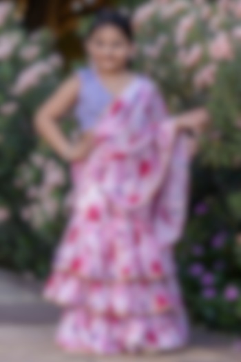 Pink Georgette Floral Printed Ready To Wear Saree Set For Girls by Cutiediva at Pernia's Pop Up Shop