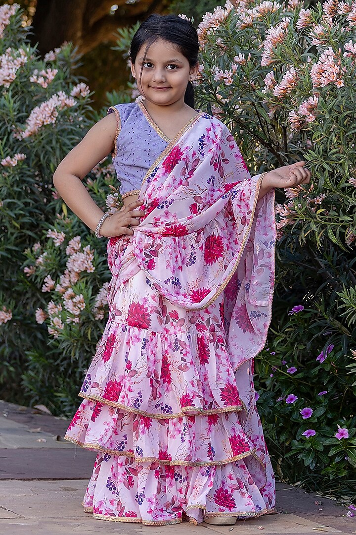 Pink Georgette Floral Printed Ready To Wear Saree Set For Girls by Cutiediva at Pernia's Pop Up Shop