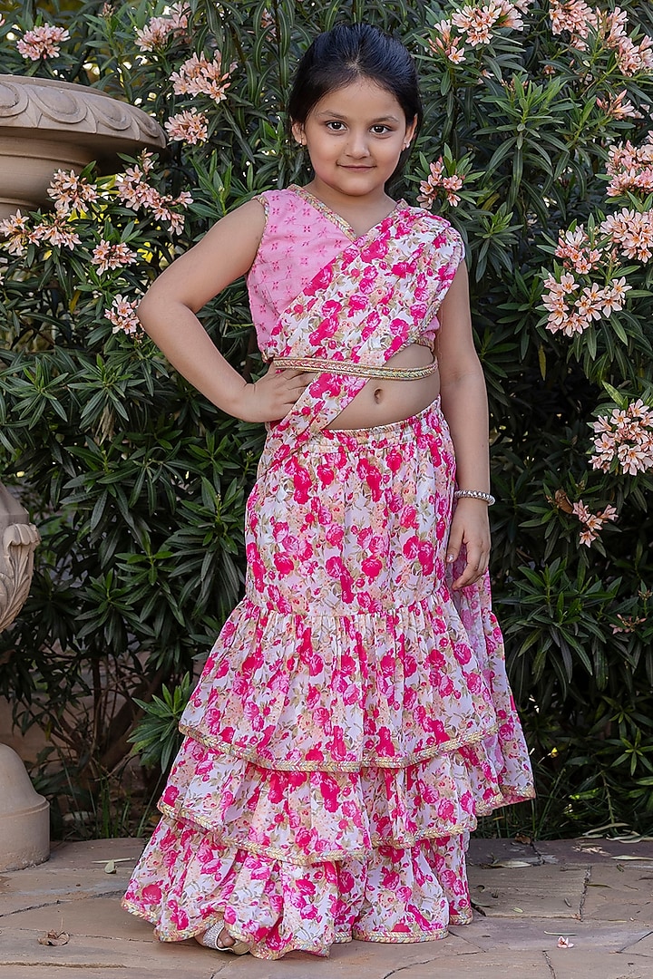 Pink Georgette Floral Printed Pre-Draped Saree Set For Girls by Cutiediva at Pernia's Pop Up Shop