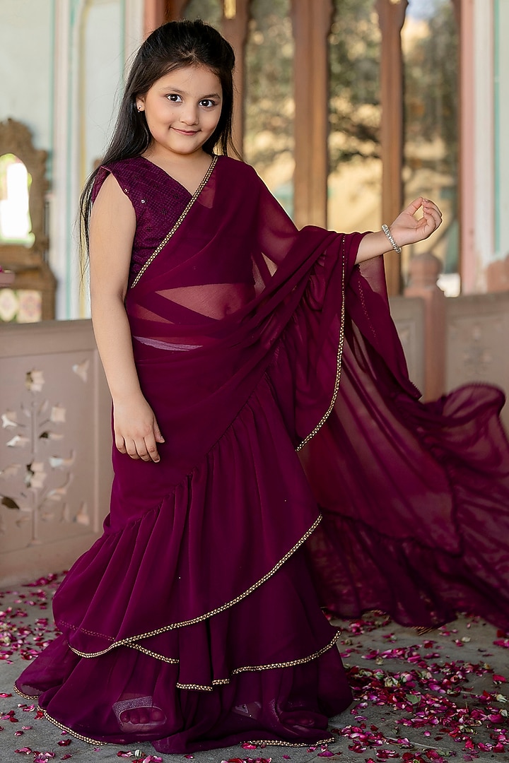 Purple Georgette Pre-Draped Saree Set For Girls by Cutiediva at Pernia's Pop Up Shop