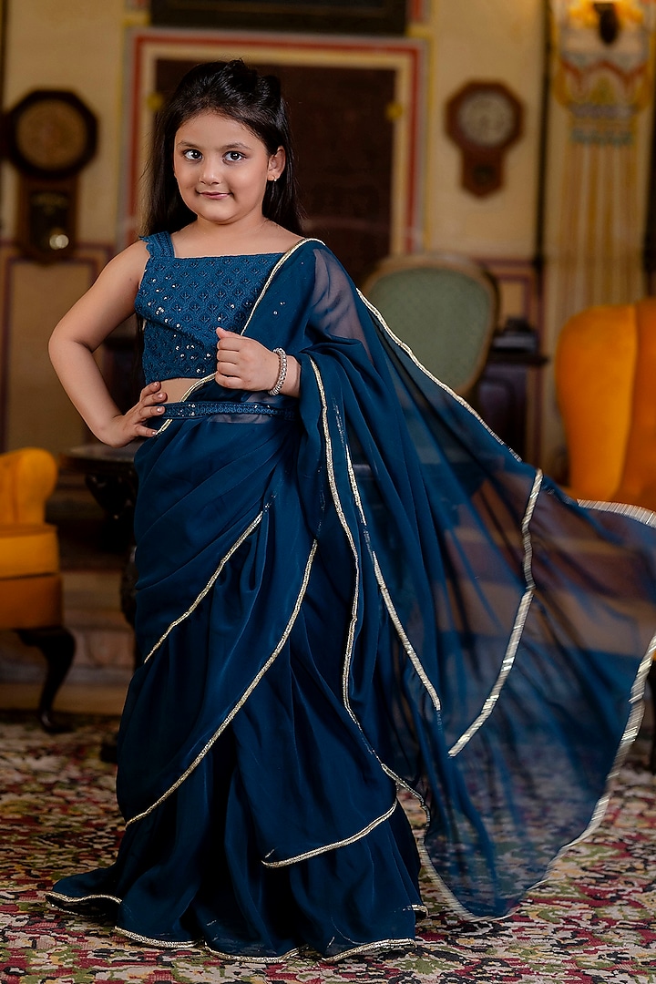 Teal Georgette Pre-Draped Saree Set For Girls by Cutiediva at Pernia's Pop Up Shop