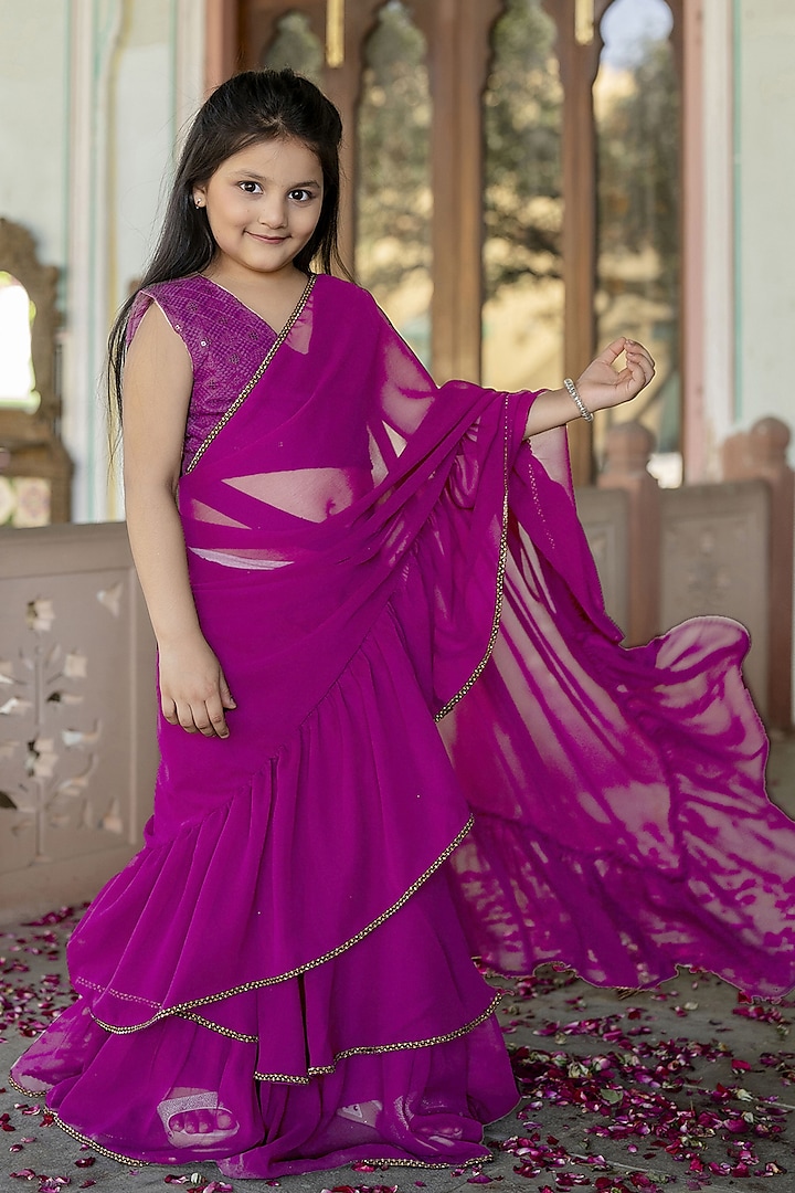 Pink Georgette Pre-Draped Saree Set For Girls by Cutiediva at Pernia's Pop Up Shop