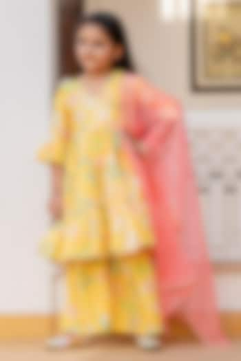 Yellow Muslin Floral Printed Sharara Set For Girls by Cutiediva at Pernia's Pop Up Shop