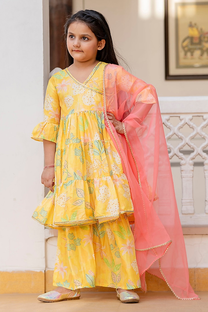 Yellow Muslin Floral Printed Sharara Set For Girls by Cutiediva at Pernia's Pop Up Shop