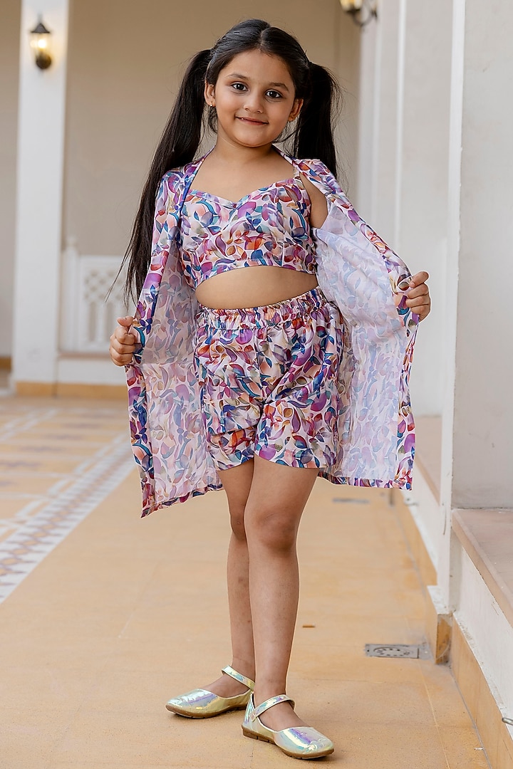 Purple Muslin Leaf Printed Jacket Set For Girls by Cutiediva at Pernia's Pop Up Shop