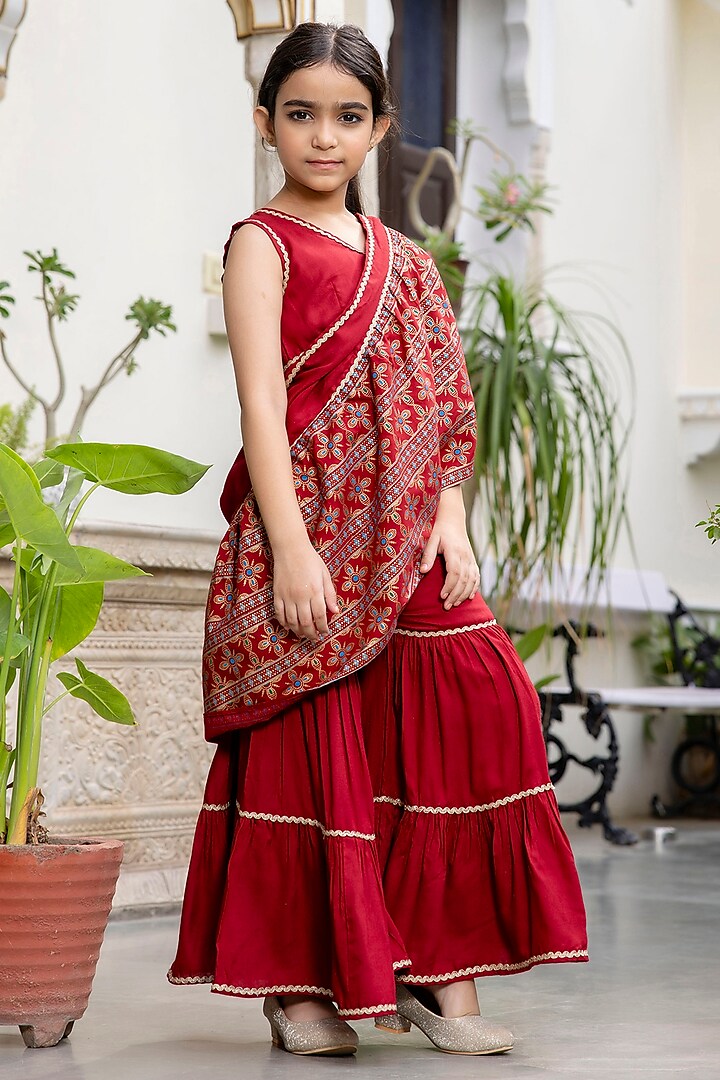 Maroon Viscose Embellished Ready-To-Wear Sharara Saree Set For Girls by Cutiediva at Pernia's Pop Up Shop