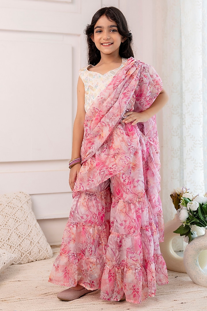 Pink Organza Printed Ready-To-Wear Sharara Saree Set For Girls by Cutiediva at Pernia's Pop Up Shop