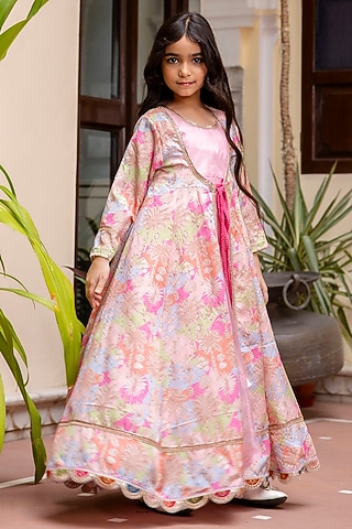Pink Viscose Printed & Embellished Jacket Anarkali Set by Cutiediva