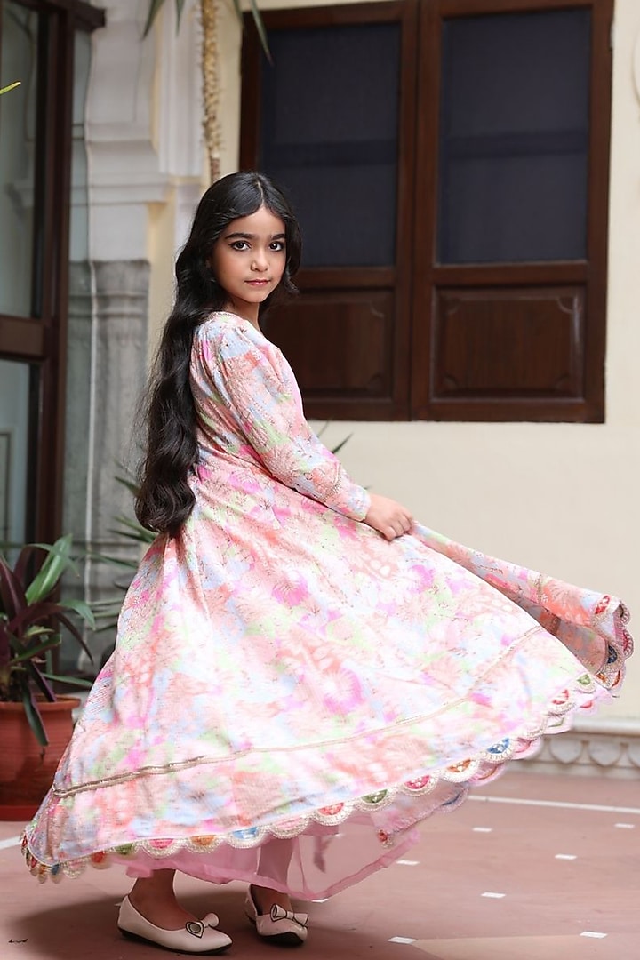 Pink Viscose Printed & Embellished Jacket Anarkali Set by Cutiediva at Pernia's Pop Up Shop