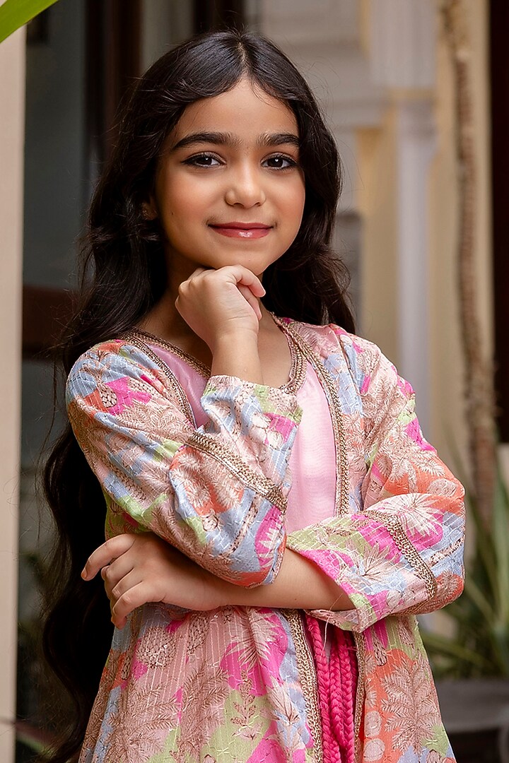 Pink Viscose Printed & Embellished Jacket Anarkali Set by Cutiediva at Pernia's Pop Up Shop
