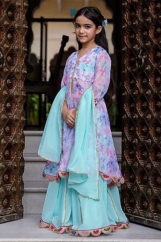 Multi-Colored Organza Printed Open Kurta Set For Girls by Cutiediva