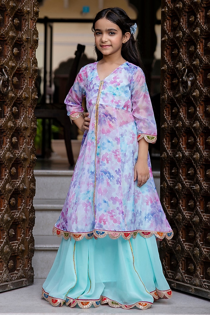 Multi-Colored Organza Printed Open Kurta Set For Girls by Cutiediva at Pernia's Pop Up Shop