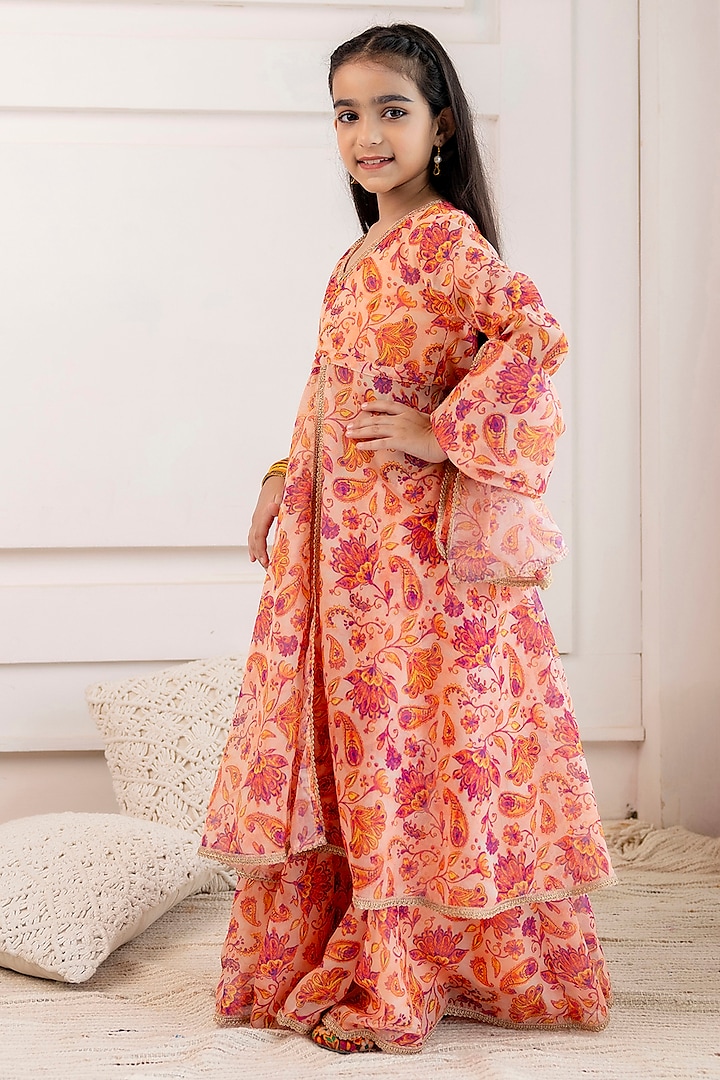 Peach Organza Floral Printed Open Kurta Set For Girls by Cutiediva at Pernia's Pop Up Shop