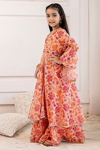 Peach Organza Floral Printed Open Kurta Set For Girls by Cutiediva