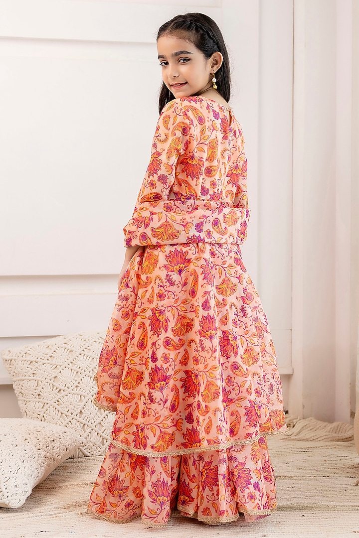 Peach Organza Floral Printed Open Kurta Set For Girls by Cutiediva at Pernia's Pop Up Shop