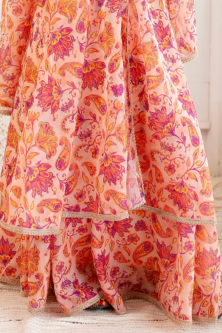 Peach Organza Floral Printed Open Kurta Set For Girls by Cutiediva at Pernia's Pop Up Shop