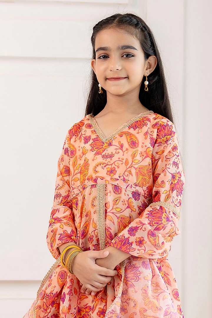 Peach Organza Floral Printed Open Kurta Set For Girls by Cutiediva at Pernia's Pop Up Shop