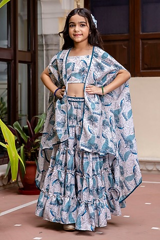 Multi-Colored Viscose Printed Jacket Set For Girls by Cutiediva