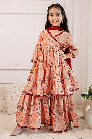 Peach Muslin Floral Printed Sharara Set For Girls by Cutiediva