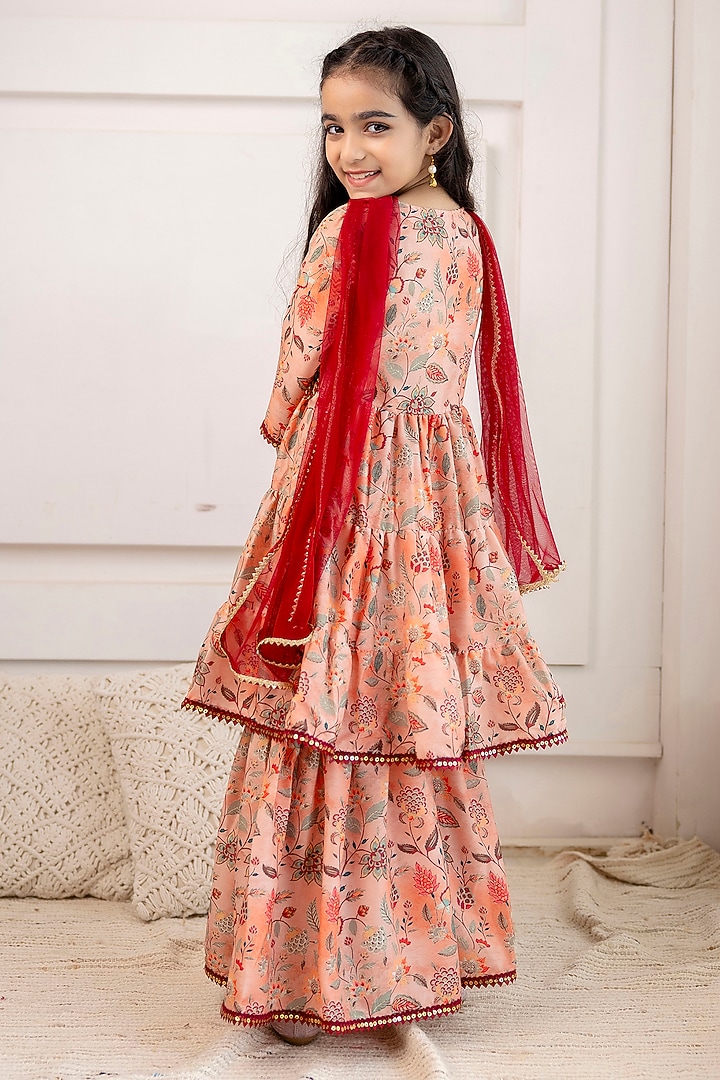 Peach Muslin Floral Printed Sharara Set For Girls by Cutiediva at Pernia's Pop Up Shop