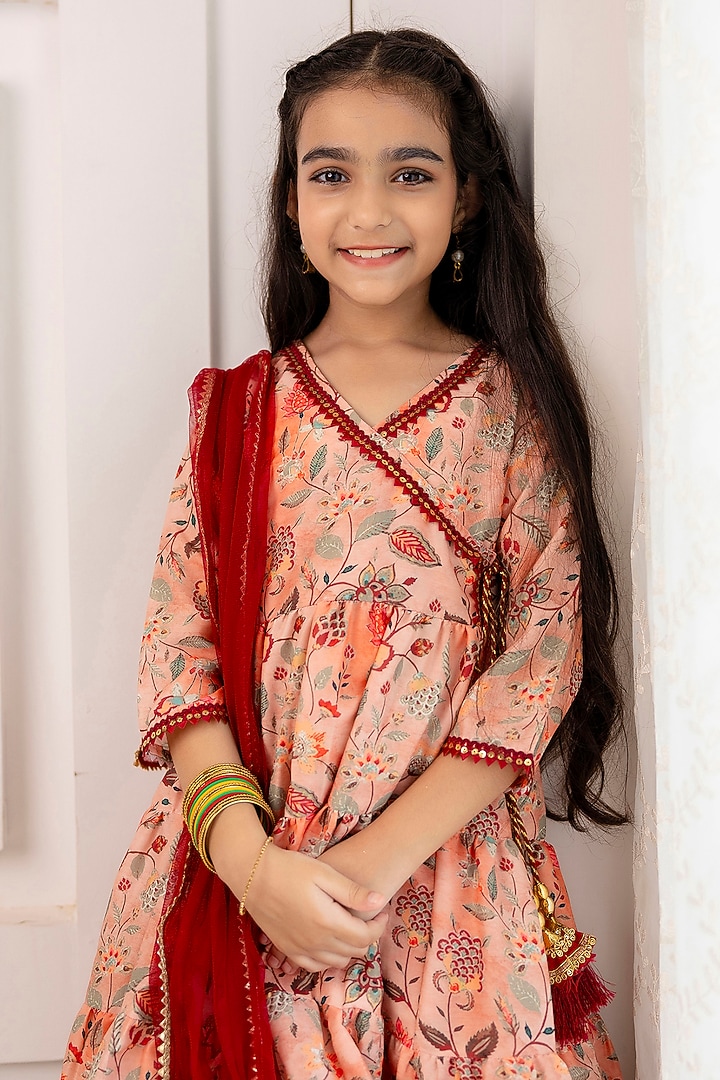 Peach Muslin Floral Printed Sharara Set For Girls by Cutiediva at Pernia's Pop Up Shop