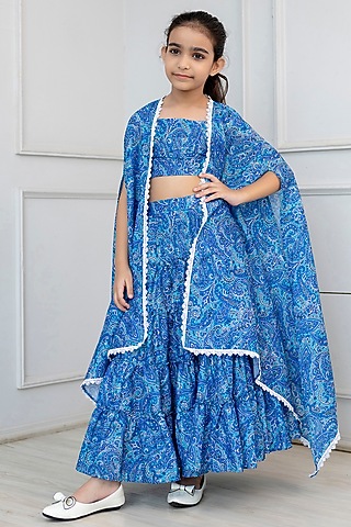 Blue Viscose Paisley Printed Jacket Set For Girls by Cutiediva
