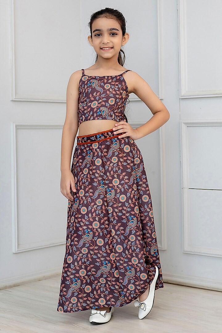 Brown Viscose Printed Jacket Set For Girls by Cutiediva at Pernia's Pop Up Shop