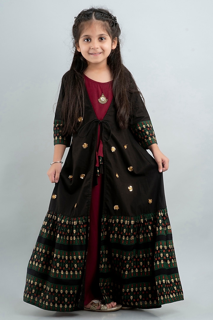 Black & Marron Premium Rayon Printed & Embroidered Anarkali Set For Girls by Cutiediva at Pernia's Pop Up Shop