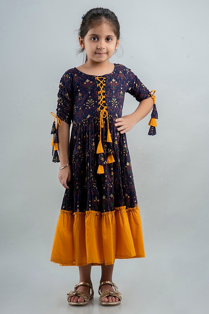 Blue & Yellow Rayon Paisley Printed Flared Anarkali For Girls by Cutiediva at Pernia's Pop Up Shop