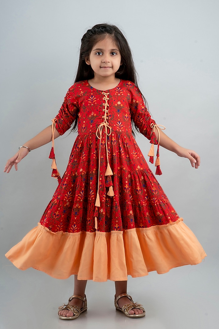 Red & Pink Rayon Paisley Printed Flared Anarkali For Girls by Cutiediva at Pernia's Pop Up Shop