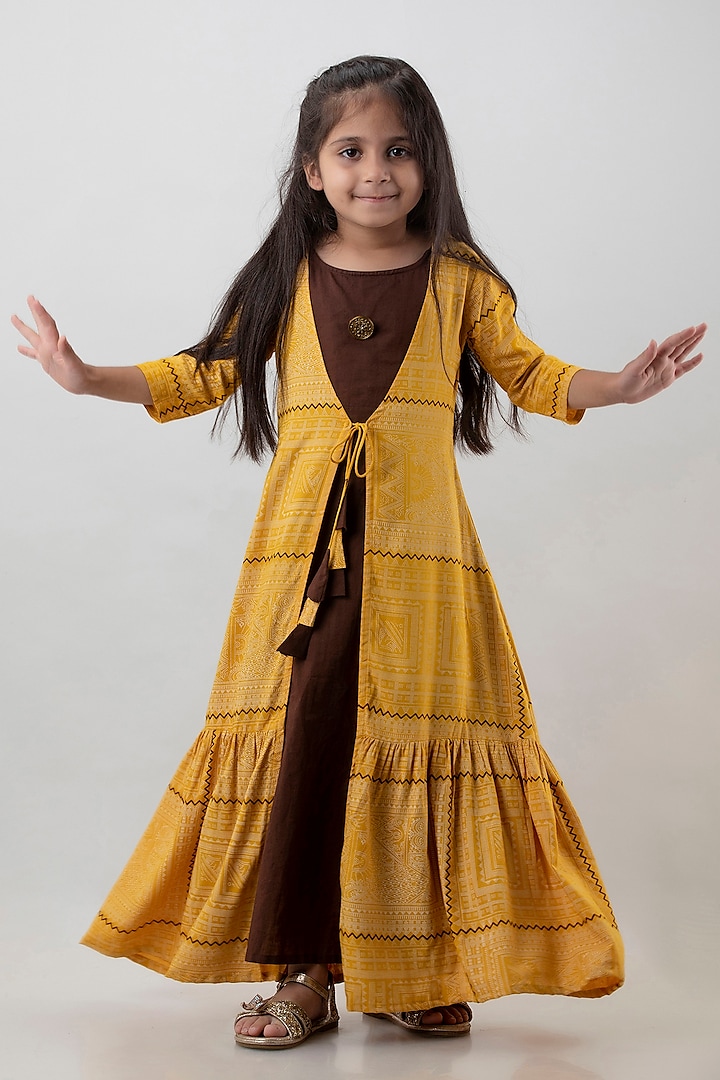 Yellow & Maroon Rayon Checkered Printed Jacket Anarkali For Girls by Cutiediva at Pernia's Pop Up Shop